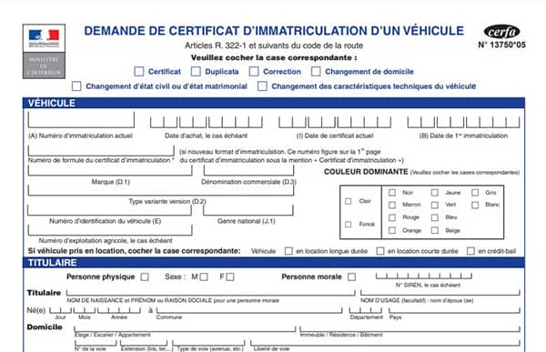 Demande certificat d'immatriculation